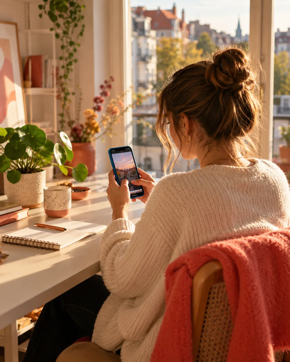 Illustrative KI-Szene: Creatorin erstellt einen Beitrag am Smartphone